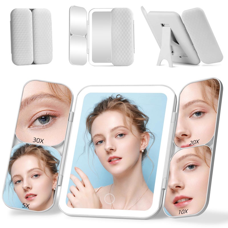 مرآة تجميل ثلاثية الطي مع إضاءة 1X 5X 10X 20X 30X مرآة مكبرة مع أضواء مرآة مكياج قابلة للشحن مع قاعدة قابلة للطي قابلة للتعتيم بثلاثة ألوان تحكم باللمس